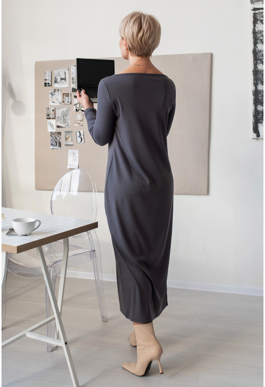 Серое платье в рубчик с длинным рукавом — 261690. Maritel. Изображенние 1 Серое платье в рубчик с длинным рукавом — 261690. Maritel. Изображенние 1