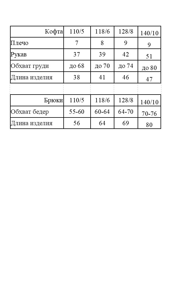 Таблица размеров